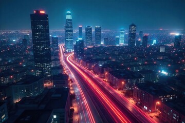 Fototapeta premium Futuristic cityscape at night, glowing network lines connecting buildings, illustrating seamless, advanced digital connectivity and urban infrastructure integration , wireless, glowing