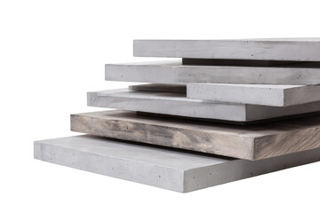 A stack of various construction material samples including concrete and wood.