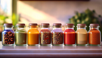 Colorful Jars Filled With Various Spices And Herbs Arranged On A Countertop With A Soft Gradient Background