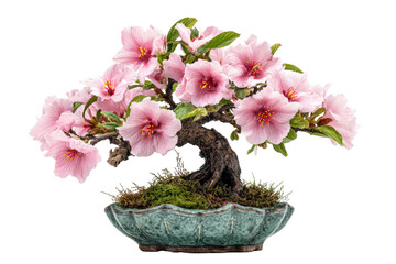 Beautiful pink azalea bonsai tree in full bloom isolated on white.