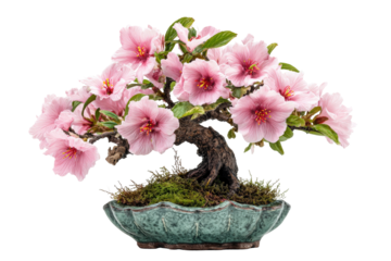 Beautiful pink azalea bonsai tree in full bloom isolated on white.