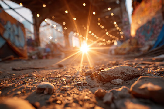 Sunset illuminates subway tunnel with flickering lights and urban textures in the town