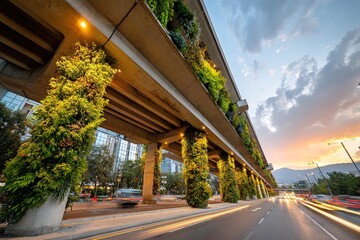 Overpass transformed into vertical garden enhances urban landscape with greenery