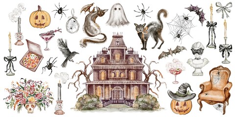 Halloween clipart watercolor collection with skull, crow, pumpkin, spider, witch hat, ghost, vampire, black cat, cobweb, spider web, candle, and various hand drawn elements for design projects.