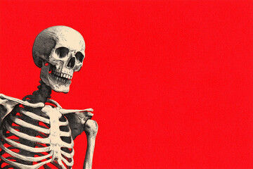 Fototapeta premium a 1950s advertising illustration of a skeleton on red background, room for text, halloween theme
