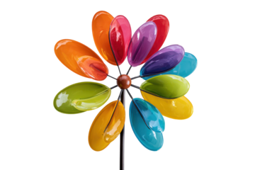 A vibrant and colorful flower shaped garden wind spinner.