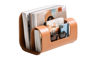 Stylish brown desktop organizer holding magazines and a smartphone.