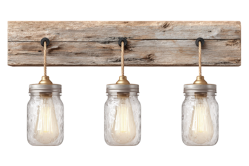 Rustic wooden beam light fixture with three hanging mason jar lamps.