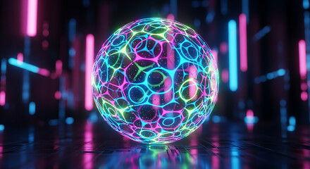 Glowing Neon Sphere with Abstract Pattern and Futuristic Background Visual