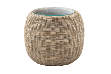 Round woven wicker stool with a glass top.