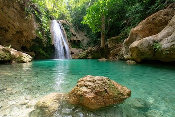 Naklejka premium Waterfall cascading into turquoise pool surrounded by lush greenery in a tranquil environment