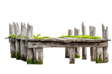 Old weathered wooden pier with moss isolated on white.