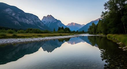 Majestic mountains reflecting in a calm river at dawn scenic beauty