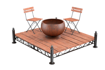 Outdoor Patio Furniture Set with Fire Pit on Wooden Deck.