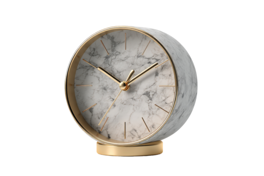 Elegant round table clock with a marble face and gold accents. - Powered by Adobe