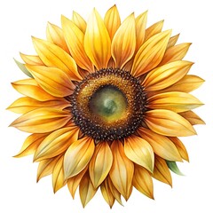 Watercolor painting of a single bright yellow sunflower with green leaves, isolated on white background