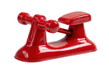 Vintage shiny red ride-on playground toy with handlebars.