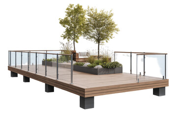 Modern elevated outdoor deck with glass railing and planter.