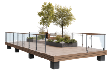 Modern elevated outdoor deck with glass railing and planter.