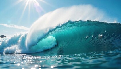 Naklejka premium Epic wave crashing, sunlit ocean spray, dynamic surfing action, powerful energy of the ocean , coast, freedom, fun