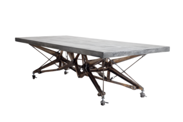 Industrial style metal table with a complex mechanical gear base on wheels.