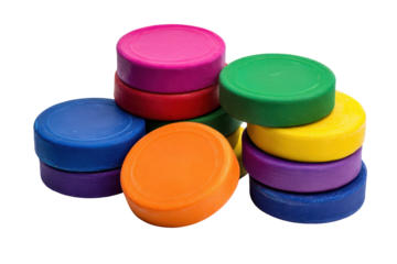 A collection of vibrant multicolored round plastic discs stacked together.