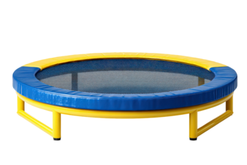 Small round mini trampoline with a blue and yellow frame.
