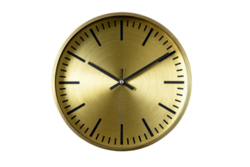 Elegant golden wall clock with black hands isolated on white.