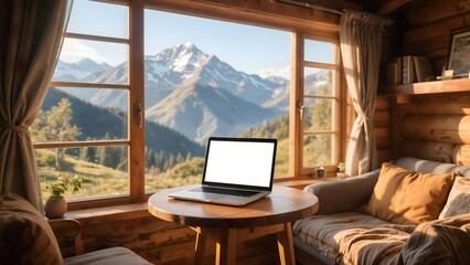 Inspiring remote work setup with a laptop on a wooden table overlooking majestic snow-capped mountains and lush green valleys from a cozy cabin window
