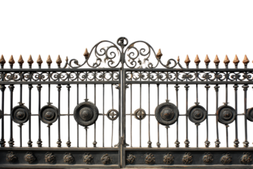 Ornate black wrought iron gate with decorative scrollwork.