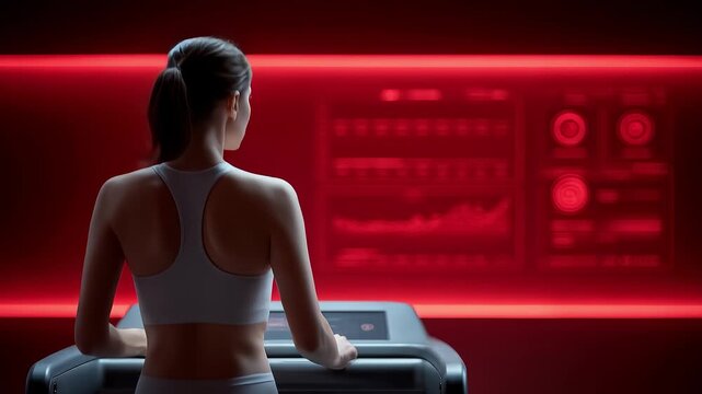 Woman exercising on treadmill and monitoring data