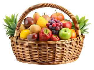 Basket overflowing with fresh colorful fruits on  transparent background