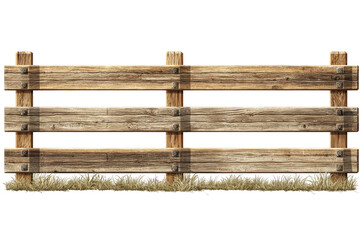Old rustic three rail wooden fence isolated on white background.