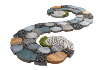 Winding S-shaped garden path with stepping stones and mosaic.