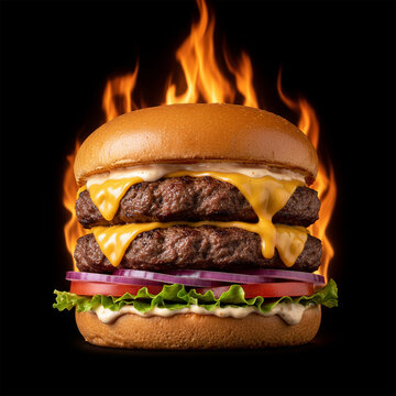 Juicy Beef Burger with Melted Cheese and Flames on Black Background