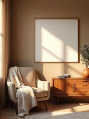 Fototapeta premium Cozy armchair with soft throw bathed in warm natural light next to a mid-century modern credenza and a blank canvas for your creative display