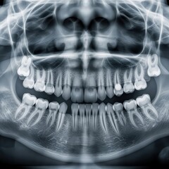 Panoramic dental x-ray showing upper and lower teeth jawbone and bone structure detailed view white background