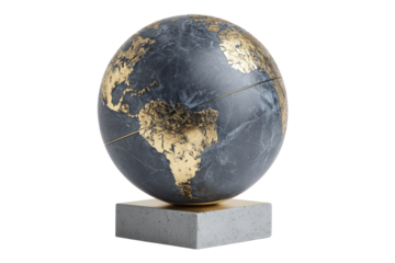 Elegant black and gold world globe on a grey stone base.