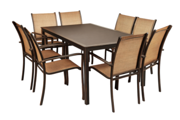 Outdoor patio dining set with eight tan chairs isolated.