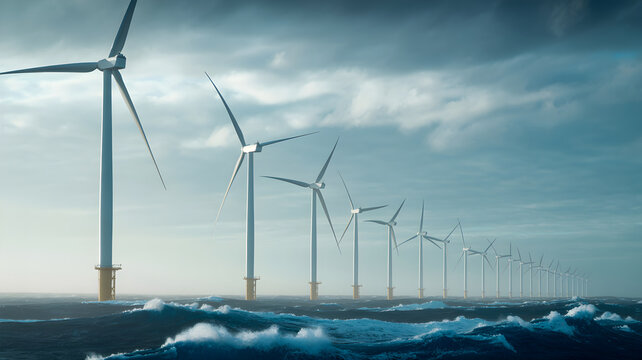Offshore wind turbines generating renewable energy in rough sea