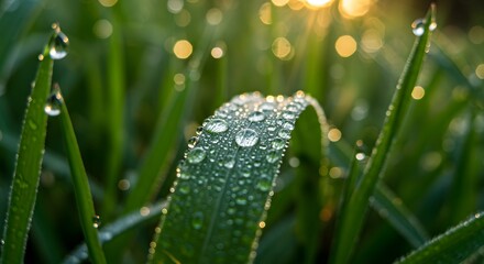 Spring grass field surface with morning dew drops forming natural sparkling seasonal texture