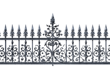 Ornate black wrought iron fence with decorative scrollwork.