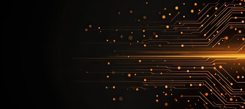 Abstract circuit board pattern with radiant orange lines and particles on a black background