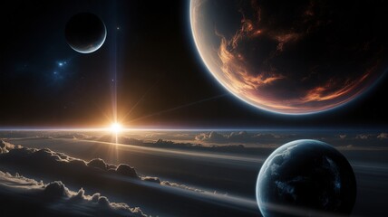 Space Horizon with Planets and Light Cosmic Landscape for Science Fiction and Exploration