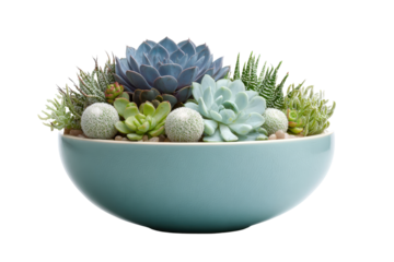 A beautiful arrangement of mixed succulent plants in a teal bowl.