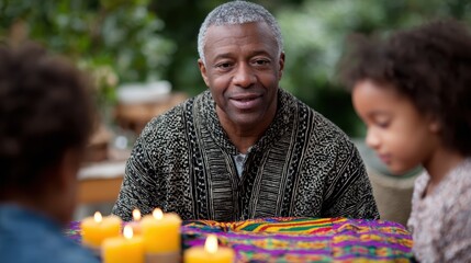 multigenerational learning, african-american kids learning kwanzaa from grandfather, seated on african textiles, holding swahili cards, with kinara in warm light