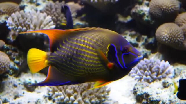 An elegant, glowing angelfish with vibrant blue and yellow fins swims gracefully near a vivid coral reef.