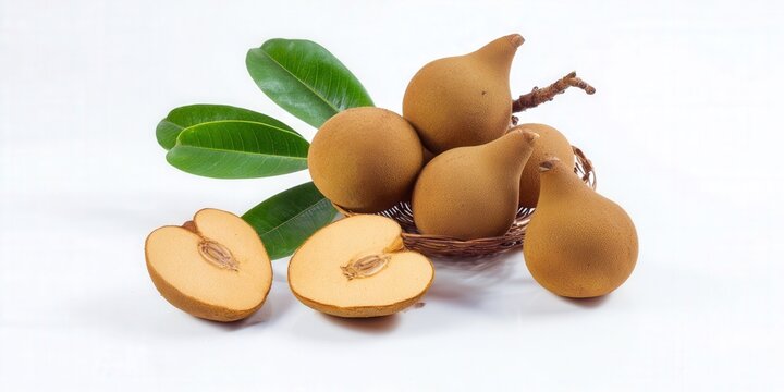Sapodilla fruit, with green leaves, a healthy and delicious tropical fruit.