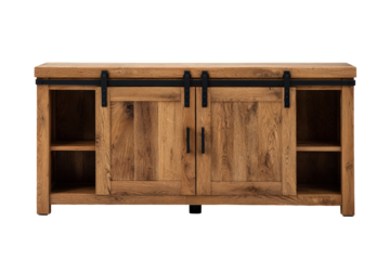 Rustic wooden sideboard with sliding barn doors isolated.
