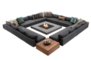 Modern outdoor patio furniture set with a large sectional sofa and central fire pit.